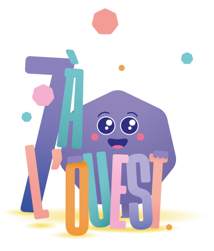 Gizmo, la mascotte du festival, un heptagone violet souriant