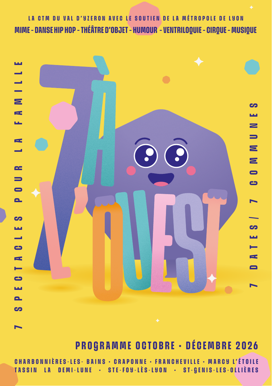 Affiche du Festival 7 à l'Ouest 2026 : 7 spectacles pour la famille, 7 dates, 7 communes. Programme octobre à décembre 2026.